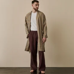 Blue & Porcini Striped Linen Robe Women Linen Pajamas|Linen Pajamas