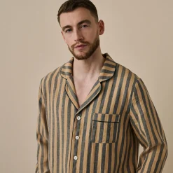Best Blue Porcini Striped Linen Tencel Men's Pajama Shirt Linen Pajamas