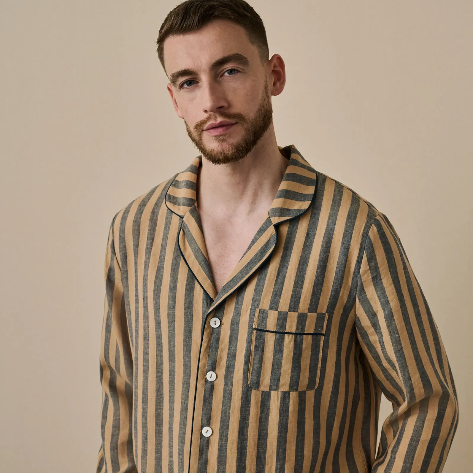 Best Blue Porcini Striped Linen Tencel Men's Pajama Shirt Linen Pajamas