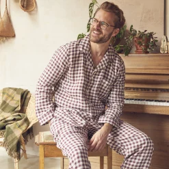 Men's Berry Gingham Pajama Shirt Linen Pajamas|Gingham Pajamas