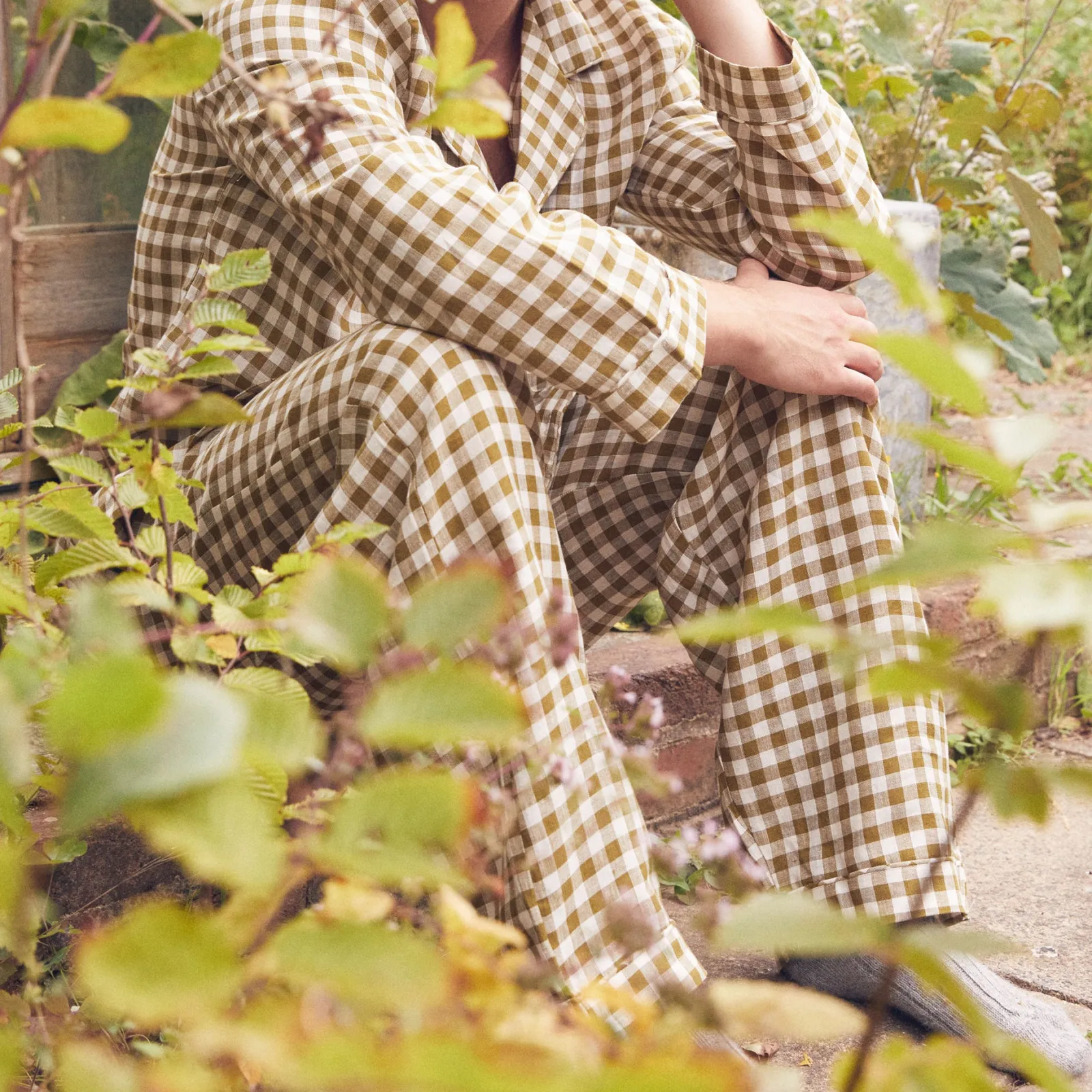 Outlet Men's Botanical Green Gingham Linen Pajama Pants Linen Pajamas|Gingham Pajamas