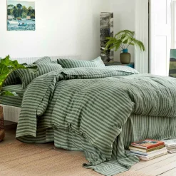 Clearance Pine Green Stripe 100% Linen Duvet Cover Striped Bedding|Linen Bedding