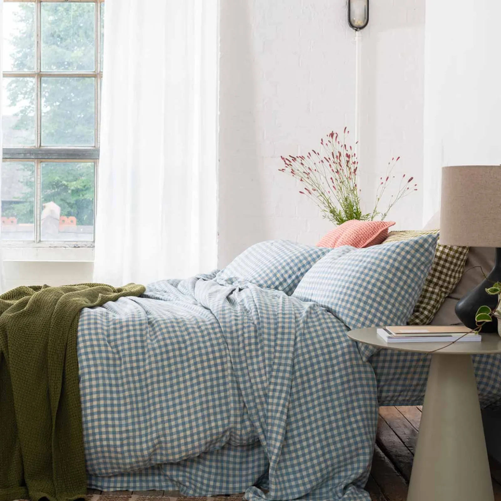 Sale 100% Linen Flat Sheet Gingham Bedding|Linen Bedding