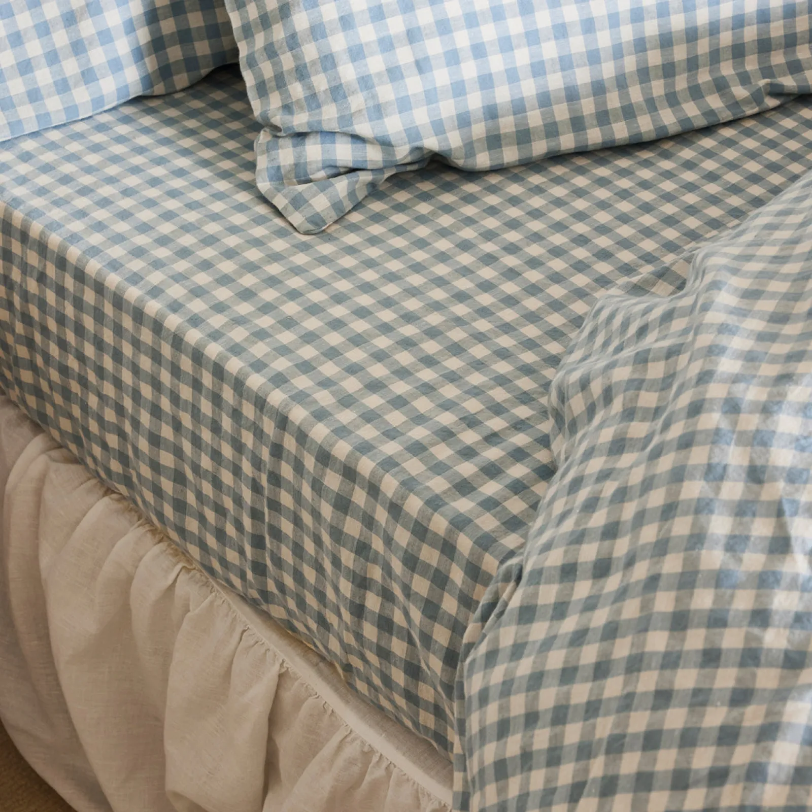Clearance Linen Blend Fitted Sheet Gingham Bedding|Linen Bedding