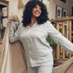 Sale Linen Pajama Shirt (Top Only) Women Linen Pajamas|Gingham Pajamas